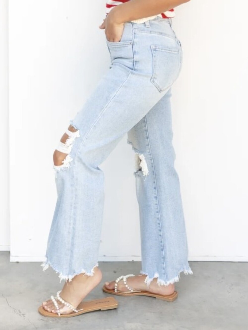 Womens Light Blue Distressed Straight Crop Jeans - Picture 4 of 9
